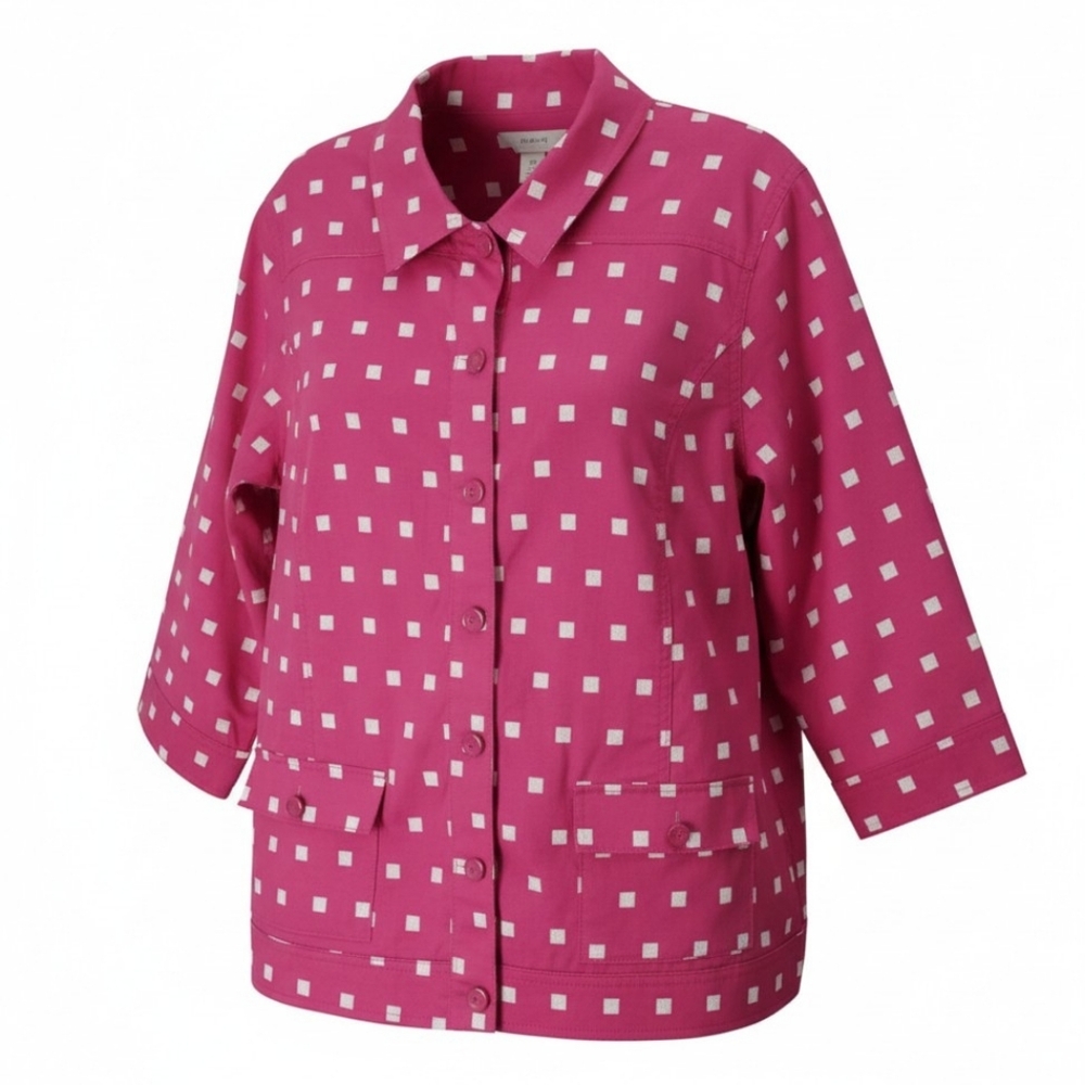 CJ Banks button front pink white square print lightweight jacket plus size 2X